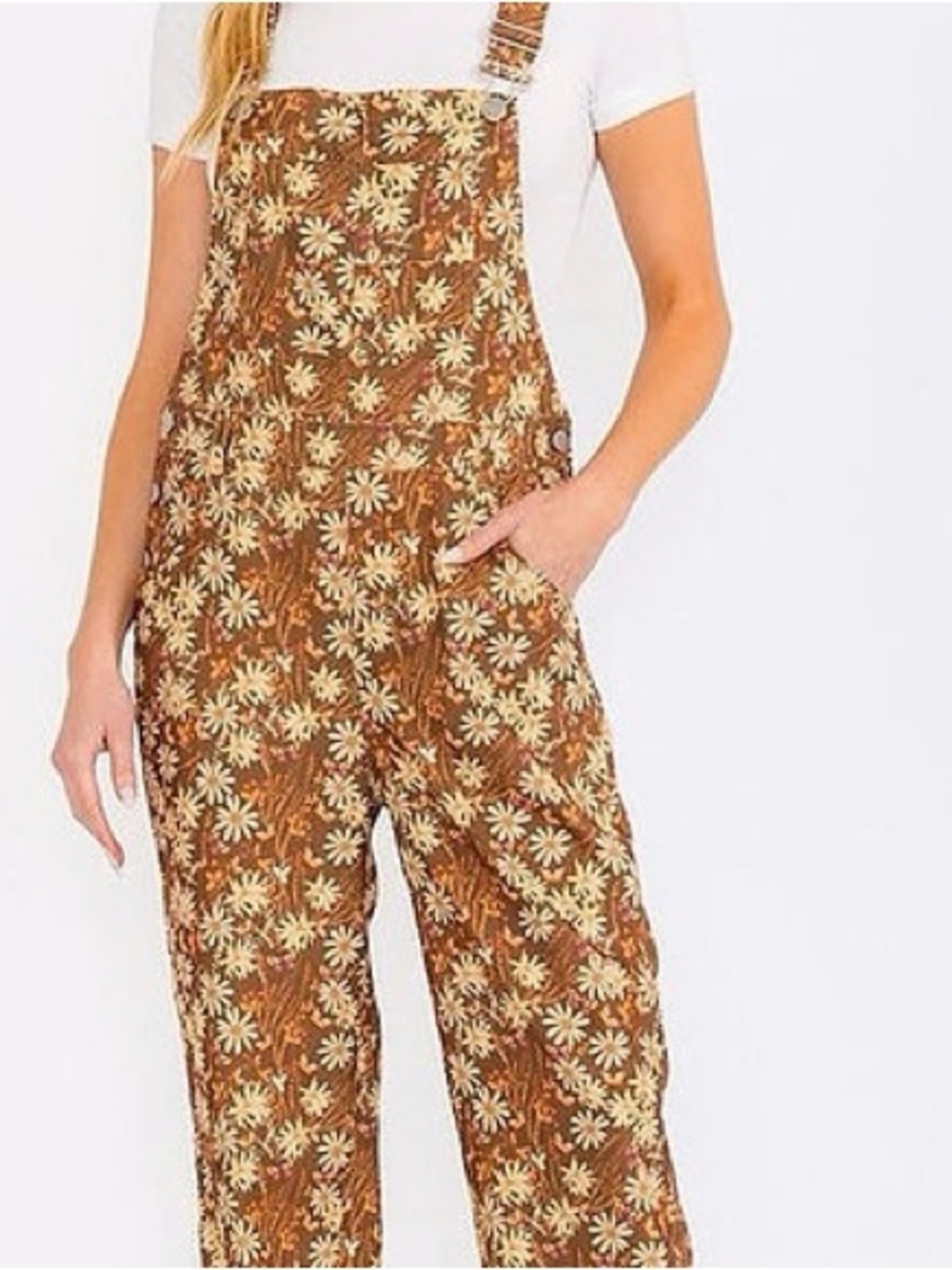 MODERN BOHEMIAN Wide-leg Retro Daisy Floral Print Corduroy Bib Overalls Jumpsuit